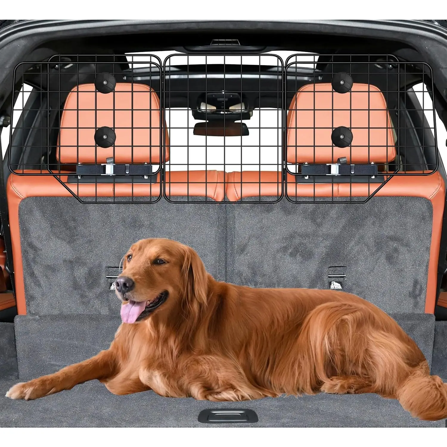 JOKG Dog Car Barrier - Heavy-Duty Steel Wire Mesh Grid Safety Fence with Adjustable Strap, Clip-On Adjustable Fit Guard for Cars/SUVs/Trucks, 61.9in Universal Cargo Area Divider Automotive Travel Accessory, 61.9 In