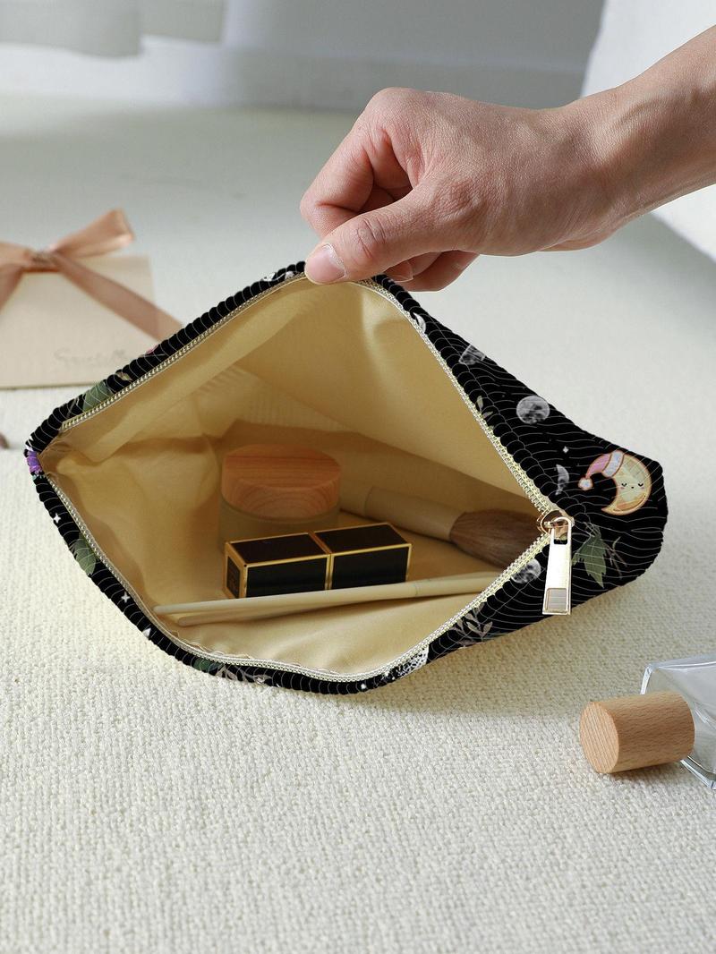 Floral & Moon Pattern Corduroy Makeup Bag, Large Capacity Zipper Cosmetic Storage Bag, Lightweight Multi-functional Toiletry Bag for Women & Girls, Travel Cosmetic Bags, Travel Essentials
