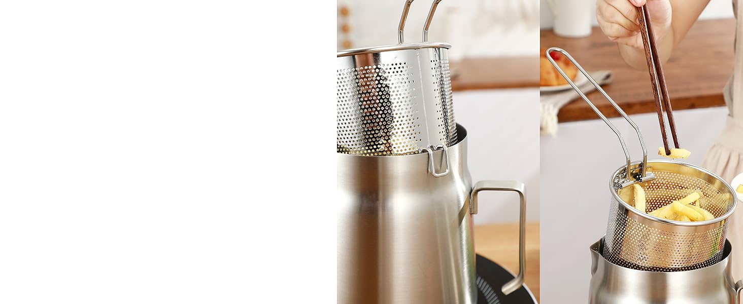 68oz Stainless Steel Oil Filter Pot with Deep Fryer Basket - Kitchen Large Capacity Versatile Oil Strainer Vessel and Bacon Grease Saver for Cooking Grease
