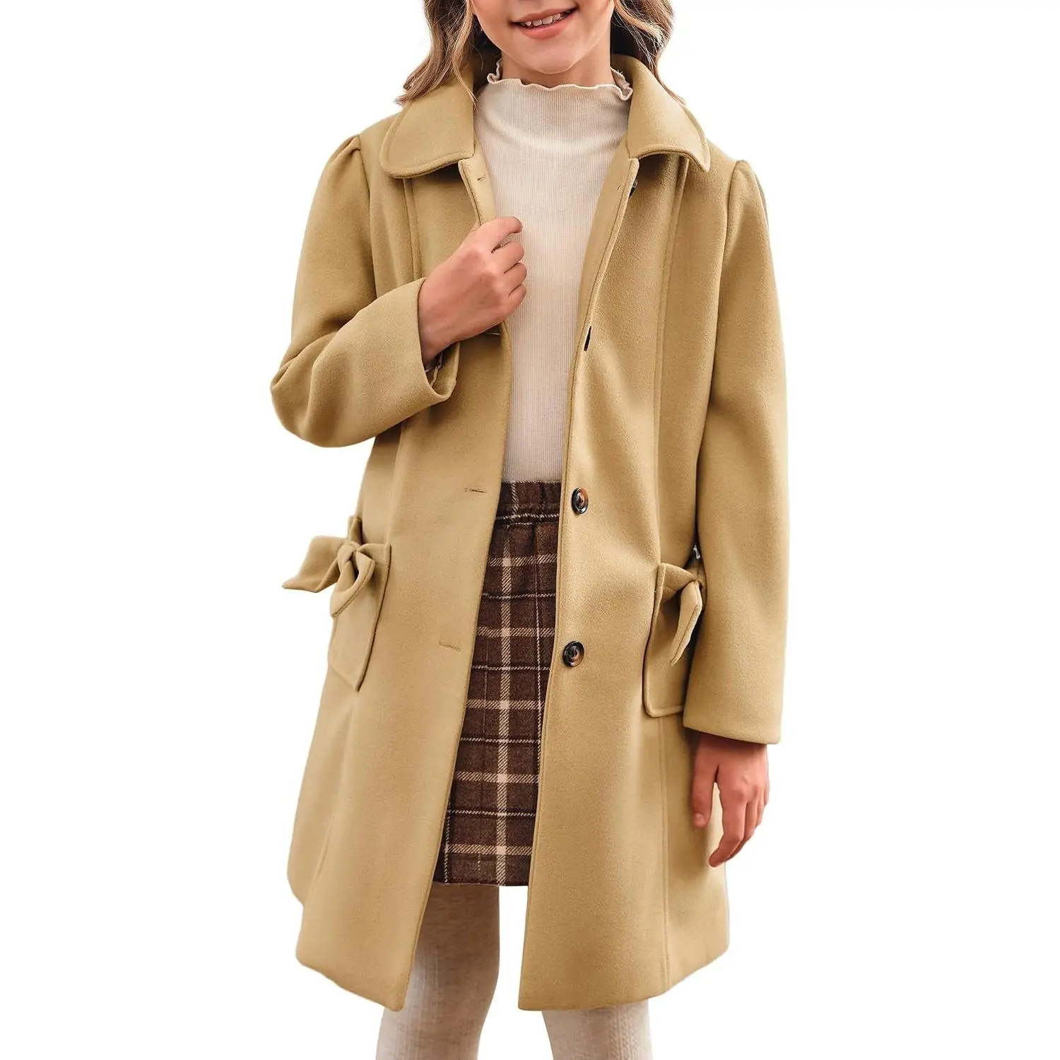 Girls Single Breasted Dress Coat Kids Winter Outerwear Jackets Bowknot Pockets 5-14 Years
