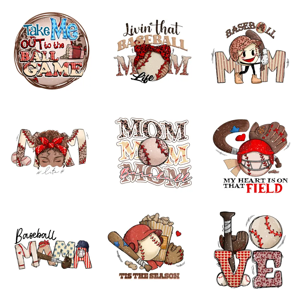 9 Pcs Baseball Mom Iron on Transfers Iron On Transfer Patches Hoodie DIY Crafts iron on decals Transfers Sticker On Clothes Press Washable Stickers Iron on Decals for T Shirts