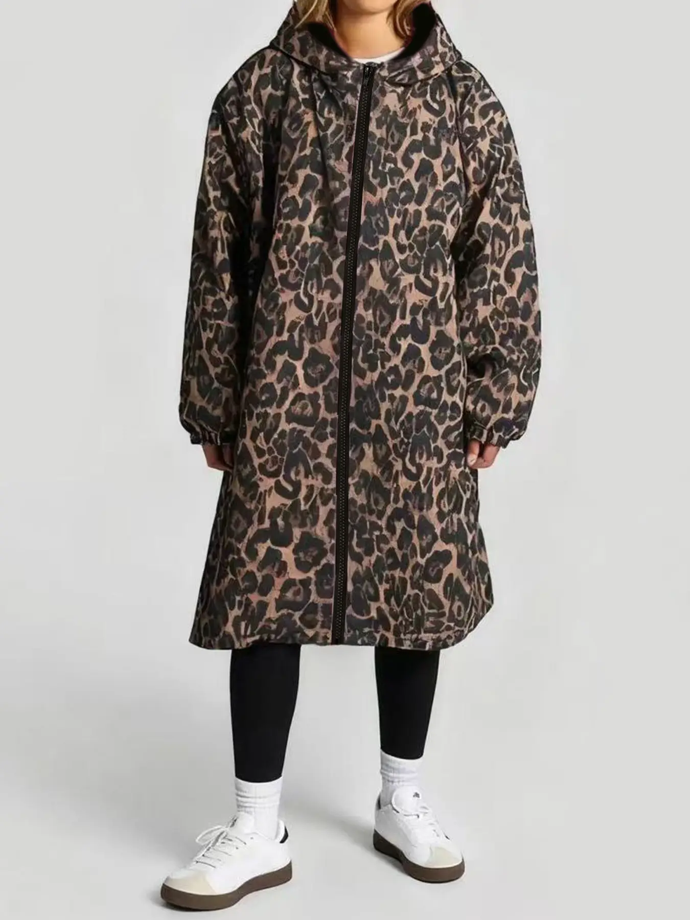 Women's Leopard Print Hooded Coat, Loose Long Windbreaker Jacket, Fleece Lining, Zipper Outerwear, Casual Outdoor Party Coat