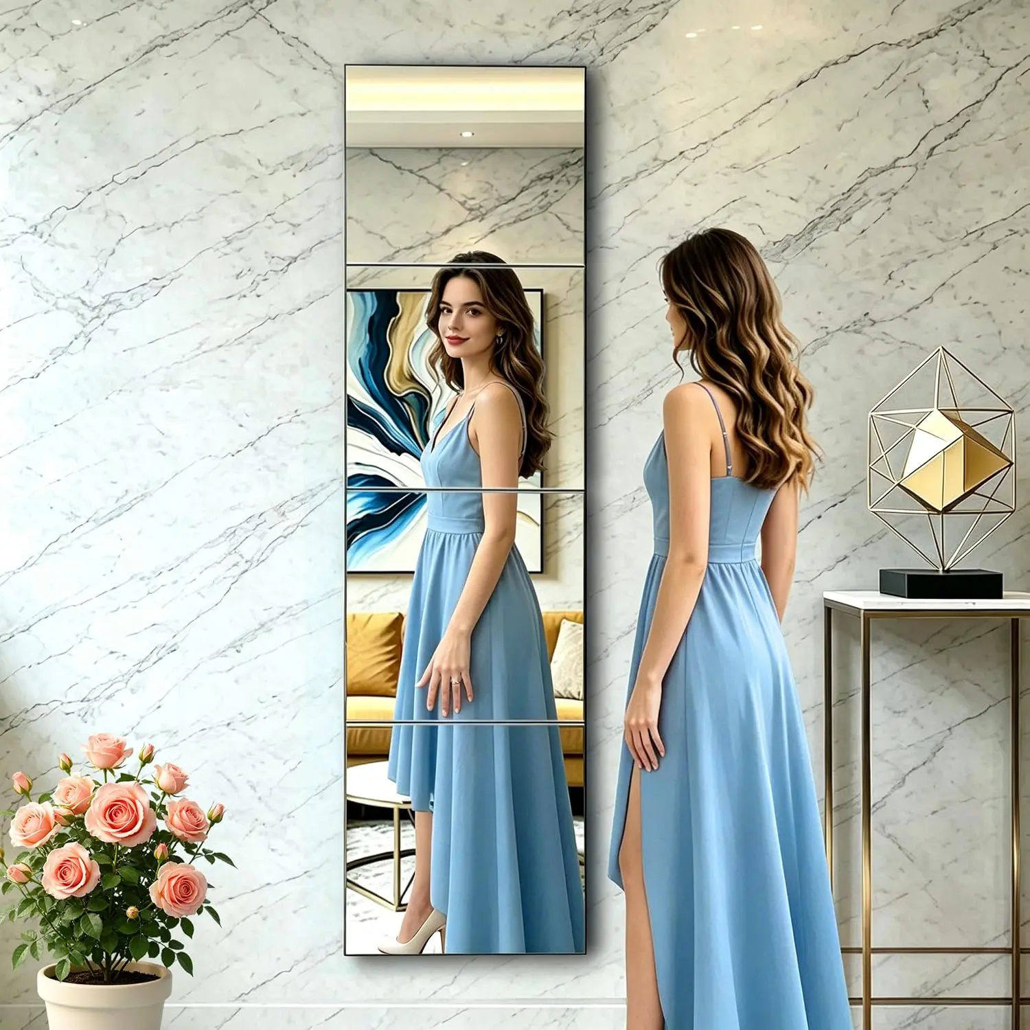 4- Glass Full Length Wall Mirror Tiles, 8 × 10 inch self-Adhesive Frameless Small Mirror Brick, Suitable for  Gyms, bedrooms, Doors, and Bathroom Glass Mirrors (4Pcs 8 * 10)