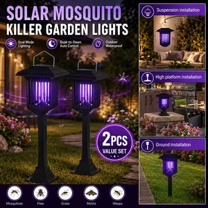 2 Pack Solar Powered Insect Zapper Outdoor Square Stake Style, Cordless Solar Garden Lamp with UV Light, Hang or Ground Stake Installation, Portable LED Mosquito Moth Fly Control Lamp for Patio, Yard, Garden, Porch, Lawn, Pathway and Camping