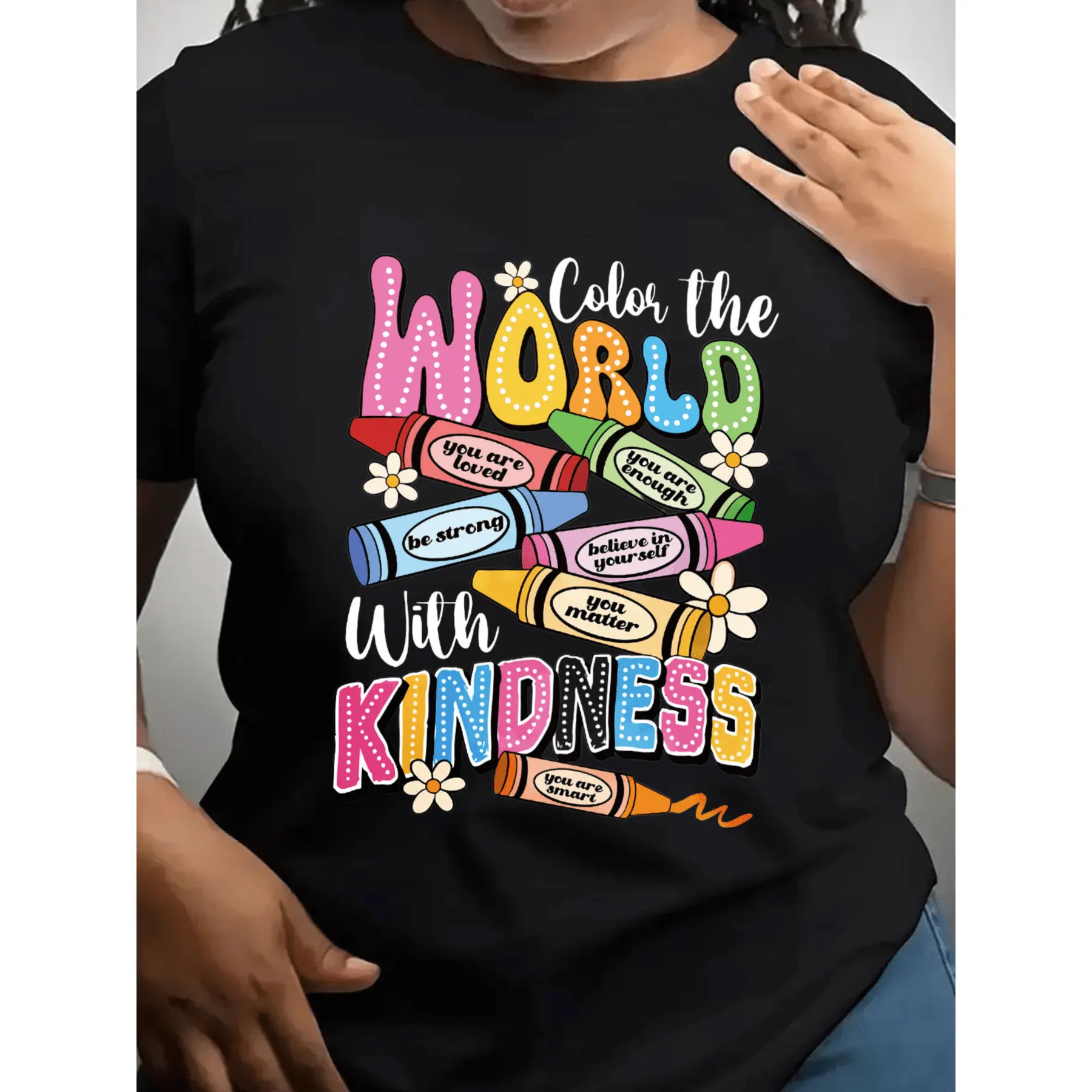 Color The World With Kindness Inspirational T-Shirt For Women Girls. Crayon Design With Positive Affirmations, 220g Printed Round-Neck Women's foreign trade men king message golf gift t-shirt Men's UV Protective Active Long Sleeve Shirt
