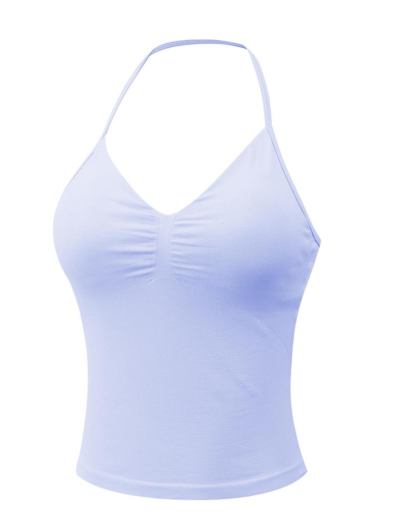 Women's Solid Halter Removable Chest Pad Sports Singlet, Sporty Backless Sleeveless Top for Yoga Gym Workout, Ladies Sportswear for Summer Gym Tops