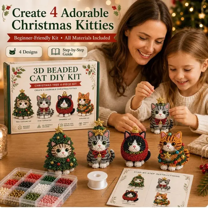 3D Beaded Cat DIY Kit, Christmas Bead Craft Set for Handmade Holiday Decorations, Creative Craft Activity for Adults & Beginners
