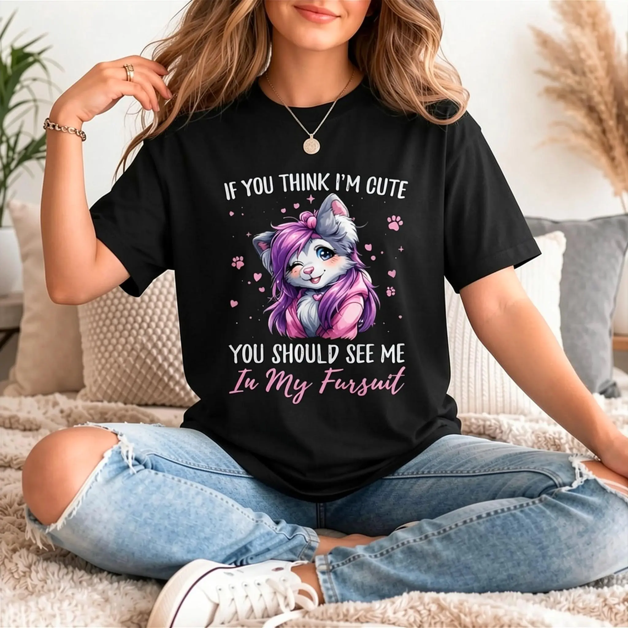 Women's 100% Cotton Short-Sleeve Fitted Casual T-Shirt - "If You Think I'm Cute See Me in My Fursuit Furry Wolf" Graphic Top, Shortsleeve, Tshirt, Lady, Classic Crew, Cap Sleeves, Criss Cross, Chic Look