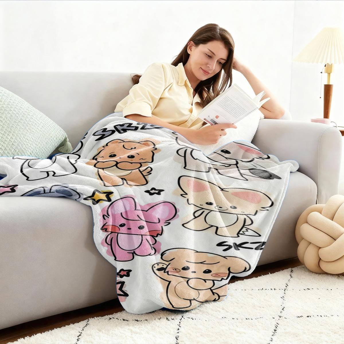 Skz Cute Animal Theme Flannel Blanket, Large Size, Soft Lightweight Warm, Perfect for Bed Sofa Office Camping Travel, Christmas Gift