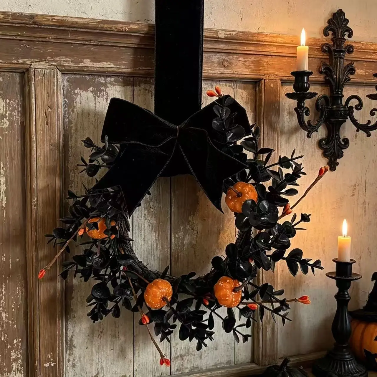 Halloween Pumpkin Berry Bow Wreath, Autumn Harvest Fruit Pumpkin Door Hanging Wreath, Halloween Decoration Bow Berry Pumpkin Wreath, 4 Pack