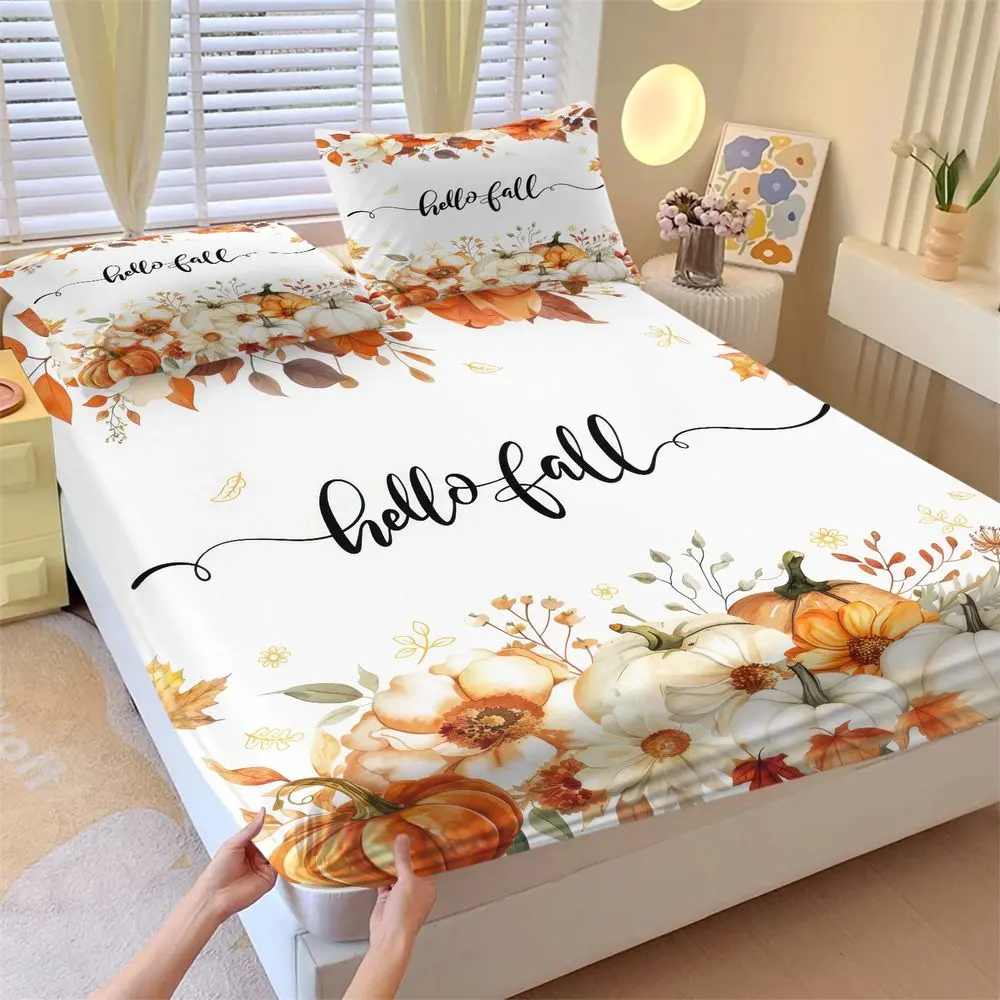 3Pcs Hello Fall Pumpkin Floral Fitted Sheet Set, Cozy Autumn Harvest Bed Sheets Set, Decorative Thanksgiving Bedding Set for Bedroom Home Decor, Soft Breathable Bedding Collection No Fillers