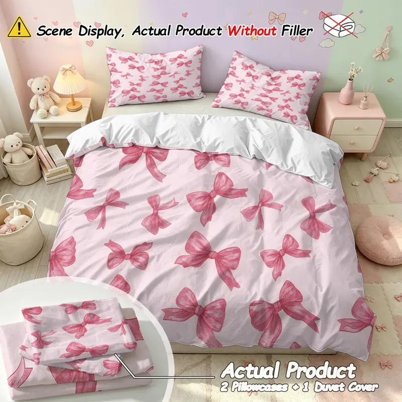 Pink Fluffy Blanket With Pillow Cover Pieces Set Bed Sets Supplies, Bow Bedding Set, 3-piece Set (1 Quilt Cover  Pillowcases, Coreless), Pink Princess Style Bow Print Quilt Cover Set,  Machine Washable And Available In All Seasons, Soft And