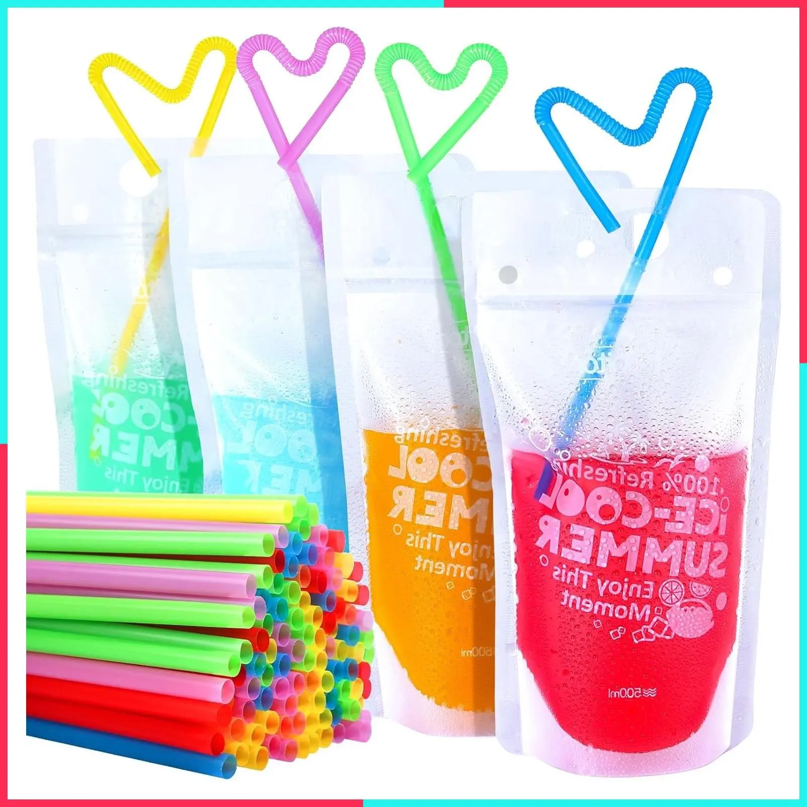 100Pcs 16oz Clear Reusable Drink Pouches with Straws - Juice & Smoothie Bags for Kids and Adults, Leakproof Liquid Pouches