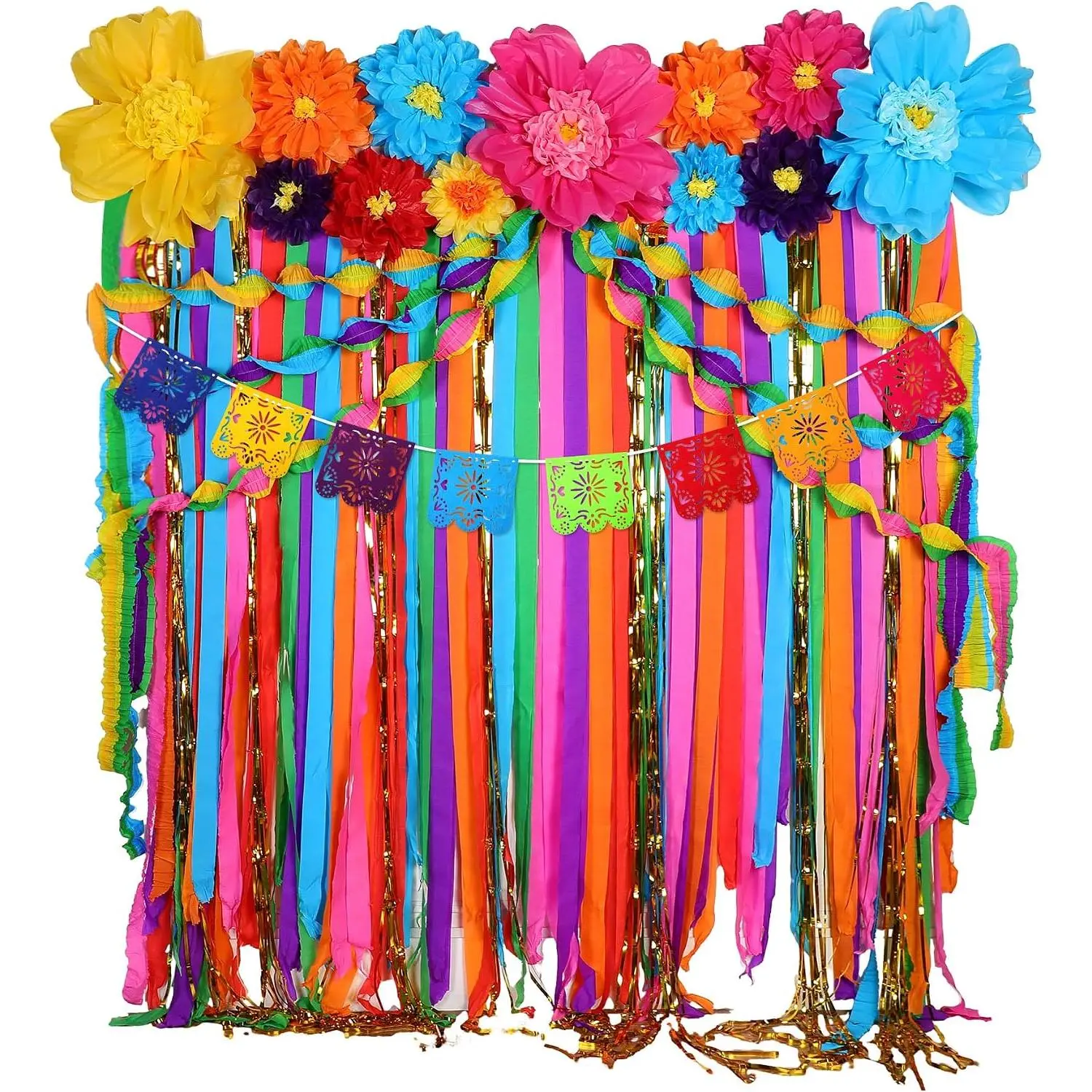 28 count Mexican Party Decorations Set Mexican Paper  Fiesta Ruffled Streamer Backdrop Papel Picado Banner Mexico Party Decorations for Cinco De Mayo Decor(Multicolored,Classic)