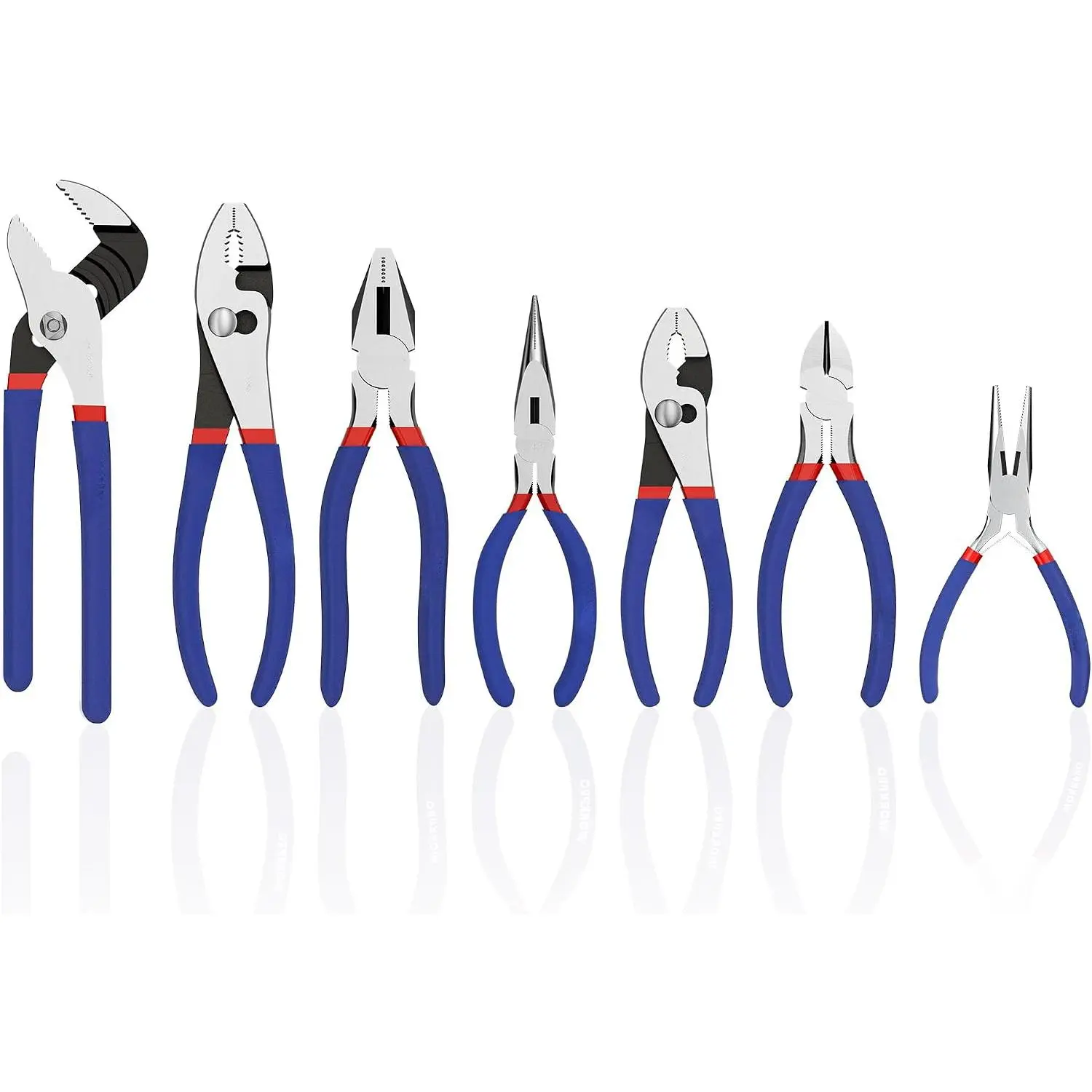 7-piece pliers set with groove joint, long nose, slip joint, lineman, and diagonal pliers for DIY and home use.