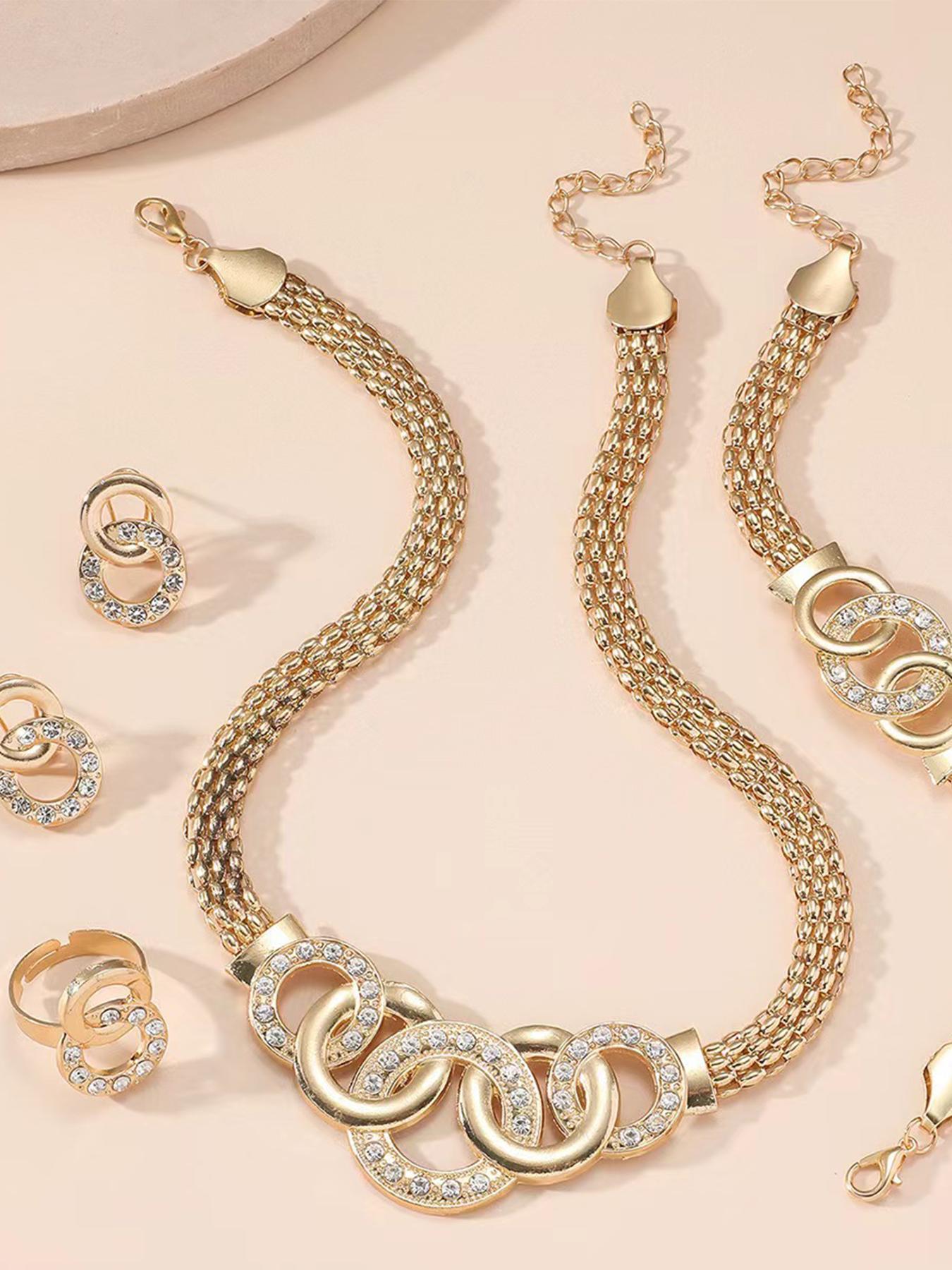 Rhinestone Decorated Jewelry Set, Fashion Round Design Pendant Necklace & Dangle Earrings & Ring & Bracelet for Party, Daily Clothing Decor, Trendy Jewelry for Birthday Gift