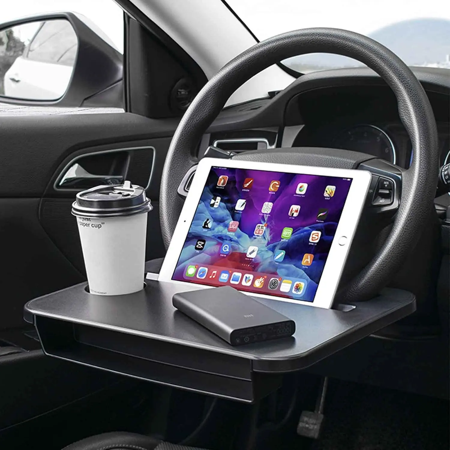 Double-use Steering Wheel Tray(14.5*11inch),   Trays for Eating with Drinks Holder,  Trays for Eating for Pad Laptop, Multipurpose Travel  Accessories, Fits   Steering Wheels