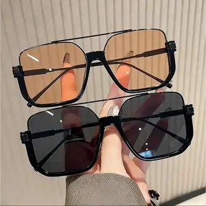 2-Pack Unisex Oversized Square Sunglasses, Retro Double Bridge Metal Frame with Clear AC Lenses, UV Protection Fashion Eyewear for Men Women, Ideal for Driving Daily Wear Outdoor Sports