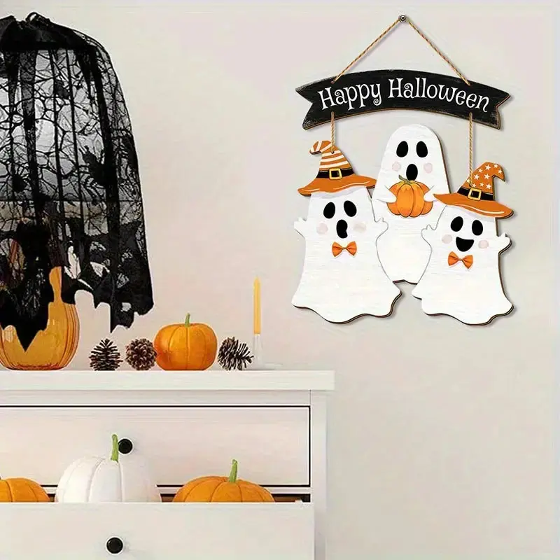 Happy Halloween Wooden Ghost Sign, Front Door Decoration, Indoor and Outdoor Puppet Decor, Durable Wood Craft Sign, Perfect for Halloween Door Decor