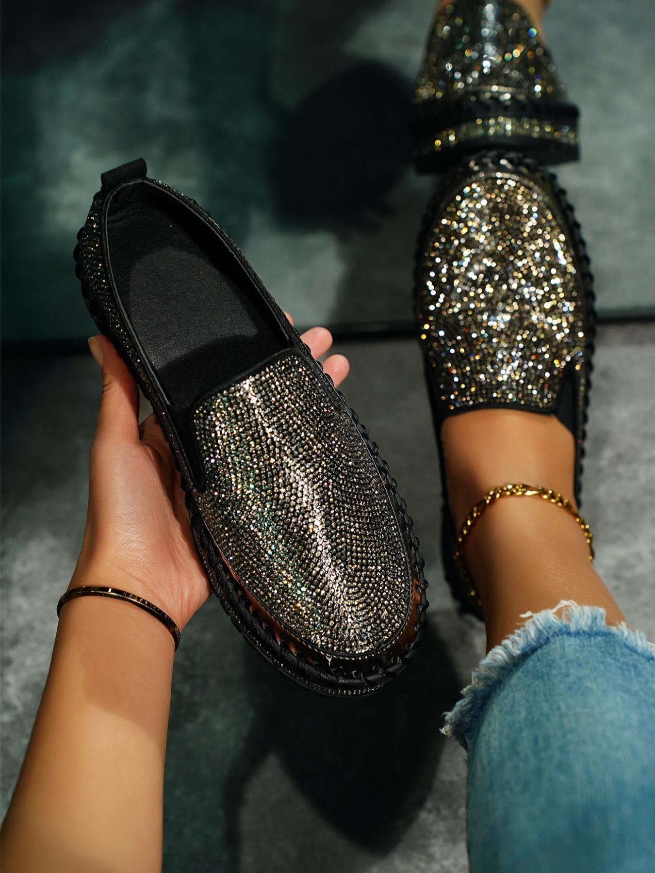 Women's Fashionable Rhinestone Decorated Slip on Flats,  Women Shoes, Lightweight Breathable Comfortable Flat Shoes, Casual Versatile Shoes for Daily Wear, Walking Shoes for Girl Footwear, Flat Shoes for Women