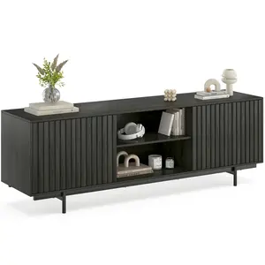 Mid Century Modern TV Stand for TVs Up to 75", Farmhouse Fluted TV Stand, Retro Wood TV Stand with Storage and Shelf, Entertainment Center with Pop-Up Doors for Living Room, Bedroom