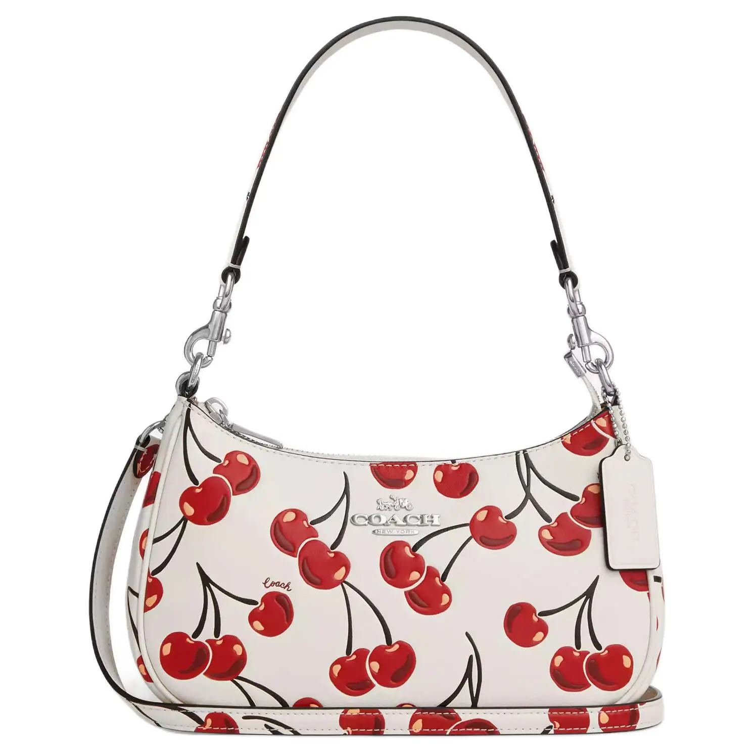 COACH Teri 25 Cherry Print Leather Shoulder Bag for Women, Medium Size, White and Red