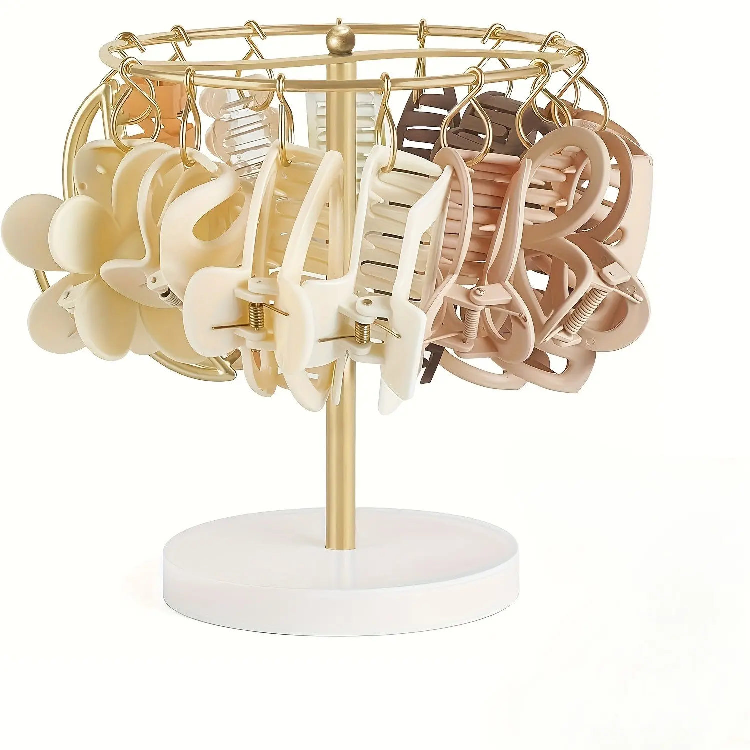 Multi-Hook Metal Hair Accessory Organizer Stand, Rotating Jewelry Display Tower for Hair Clips Claw Clips Barrettes, Tabletop Storage Holder for Bedroom Vanity Room Desktop Decoration