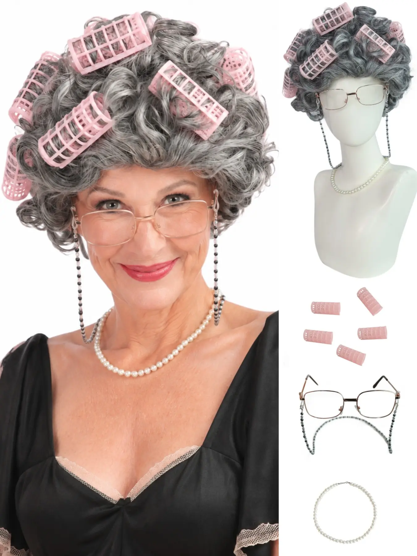 Women Curly Old Lady Synthetic Wig Set, Includes Hair Rollers, Glasses, Pearl Necklace, Perfect for Cosplay, Halloween, Parties
