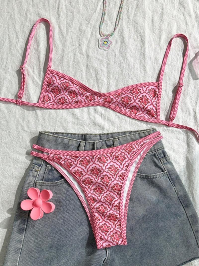 Two-Piece Set Women's Floral Print Bikini Set, Casual Fashion Chic Swimsuit Set for Beach Holiday Vacation, Ladies Summer Clothes, Flower Print Bikini Two-Piece Set Women's Floral Print Bikini Set, Casual Fashion Chic Swimsuit Set for Beach Holiday Vacation, Ladies Summer Clothes, Flower Print Bikini