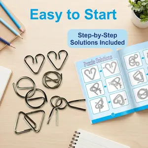 6-Piece Metal Unlock Puzzle Set, Brain Teaser Iq Challenge Toy for Kids and Adults, Safe No-Sharp Edges, Family Game, Travel Fun