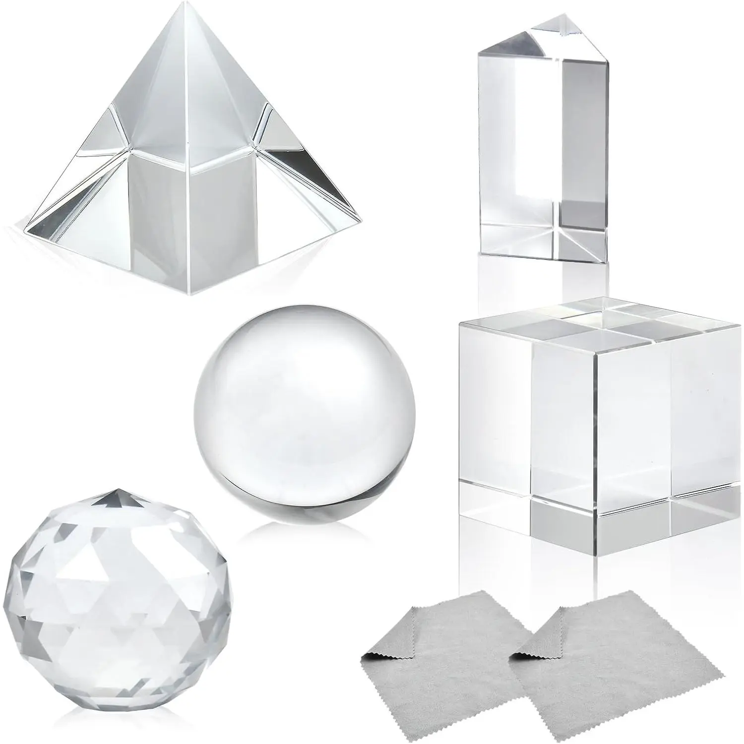 5 Pack K9 Optical Crystal Photography Prism Set - 50mm Lens Ball, Cube, Triangular Prism, Prism Pyramid & Crystal Ball for Teaching Playing Photography with 2 Pcs Wipe Cloth