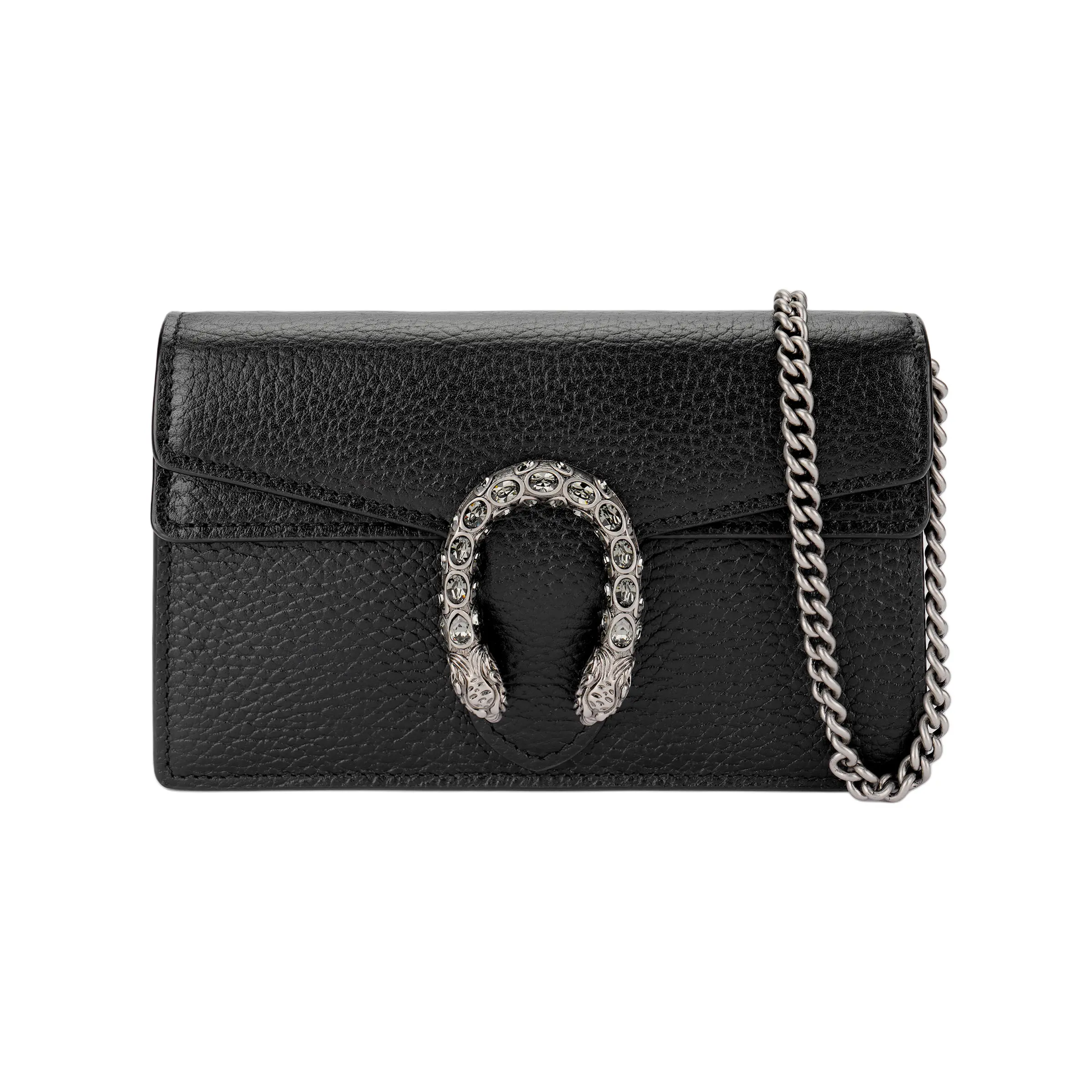Gucci Dionysus Distressed Tiger-Head Clasp Chain Strap Crossbody Bag for Women, Ultra-Mini Leather Handbag in Black