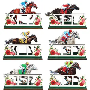 6 count Derby Day Horse Party Decorations Horse Racing Wooden Table Centerpieces with Roses Horse Racing Tiered Tray Decoration Signs for Derby Day Decor  Office Holiday Party Supplies