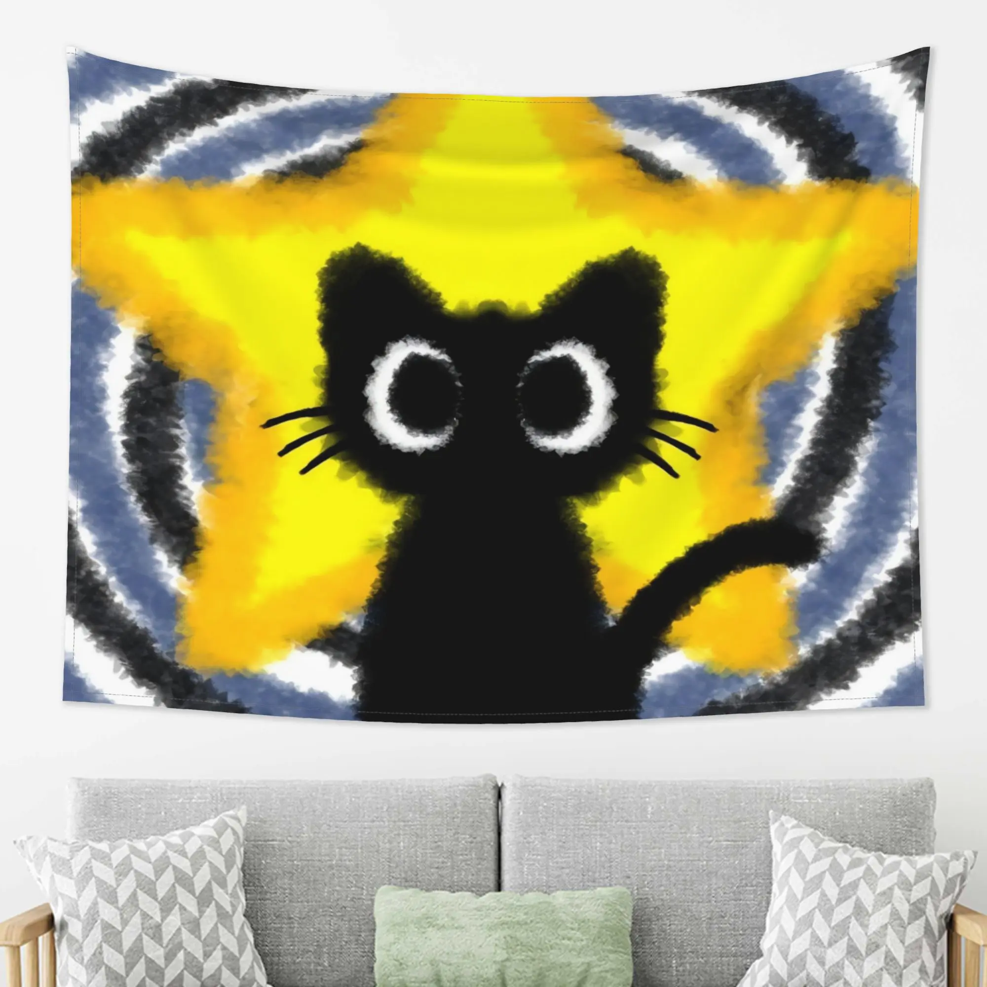 Minimalist Star Cat Tapestry Wall Hanging with Celestial Aesthetic, Neutral Boho Dorm Room Decor for Bedroom, Living Room, Cozy Apartment, All-Year-Round Versatile Wall Art, Warm Housewarming Gift for Cat Lovers