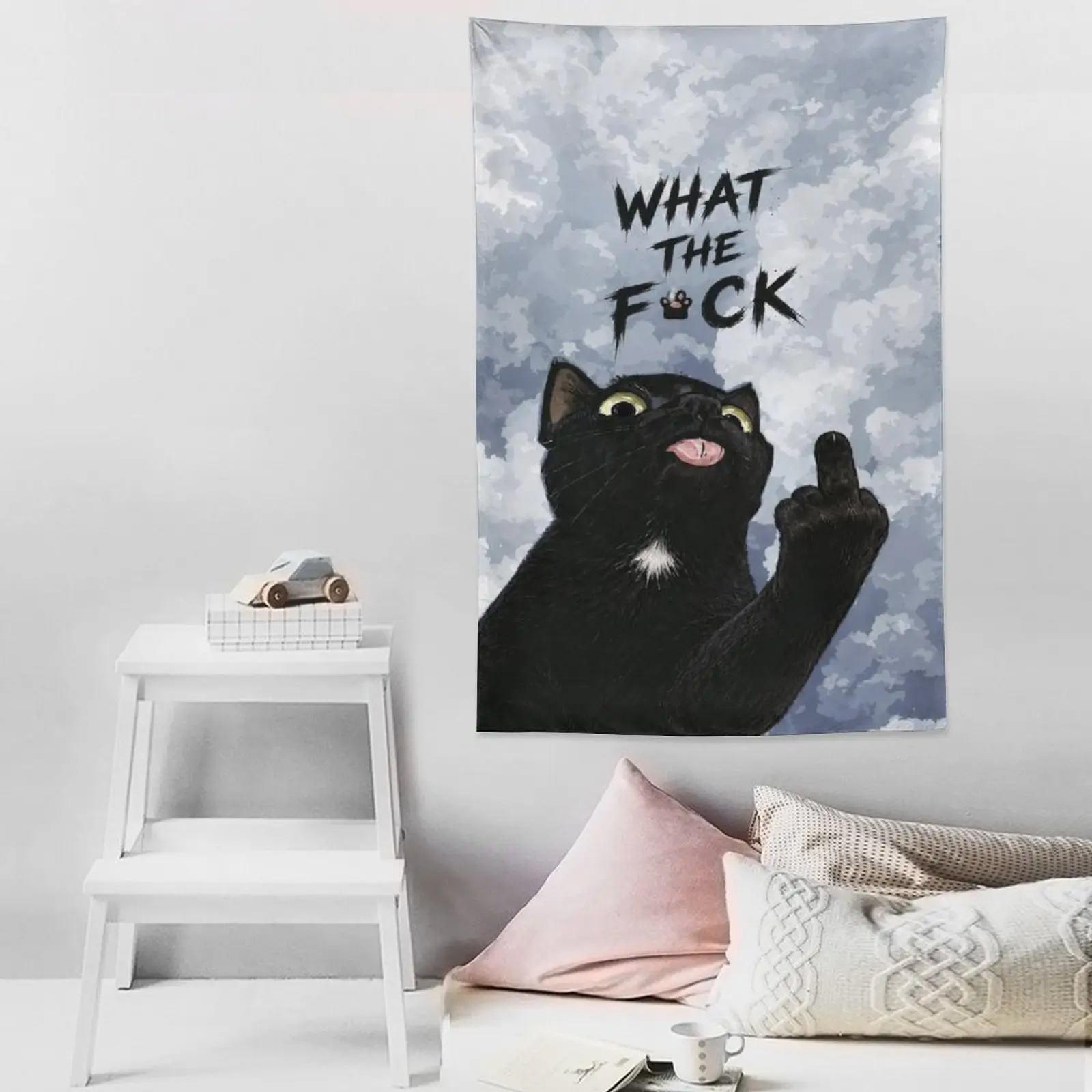 Funny Black Cat Middle Finger Wall Tapestry, What The Fuck Cloud Banner, Funny Cat Meme Wall Hanging, Sarcastic Room Decor, Humor College Dorm Tapestry, Gift for Cat Lovers, Funny Bedroom Wall Art