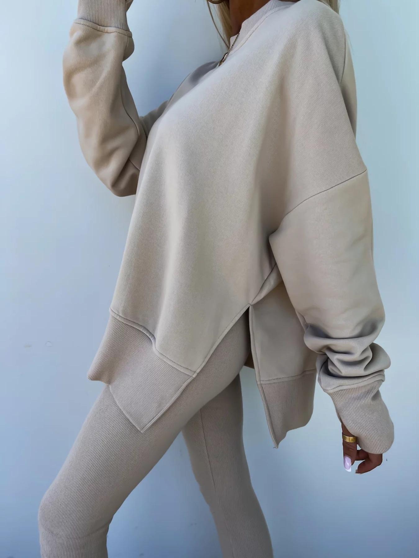 Women's Plain Drop Shoulder Baggy Sweatshirt Outfit Set, Everyday Casual Fashion Comfortable Long Sleeve Pullover, Elastic Waist Pants, Spring & Fall