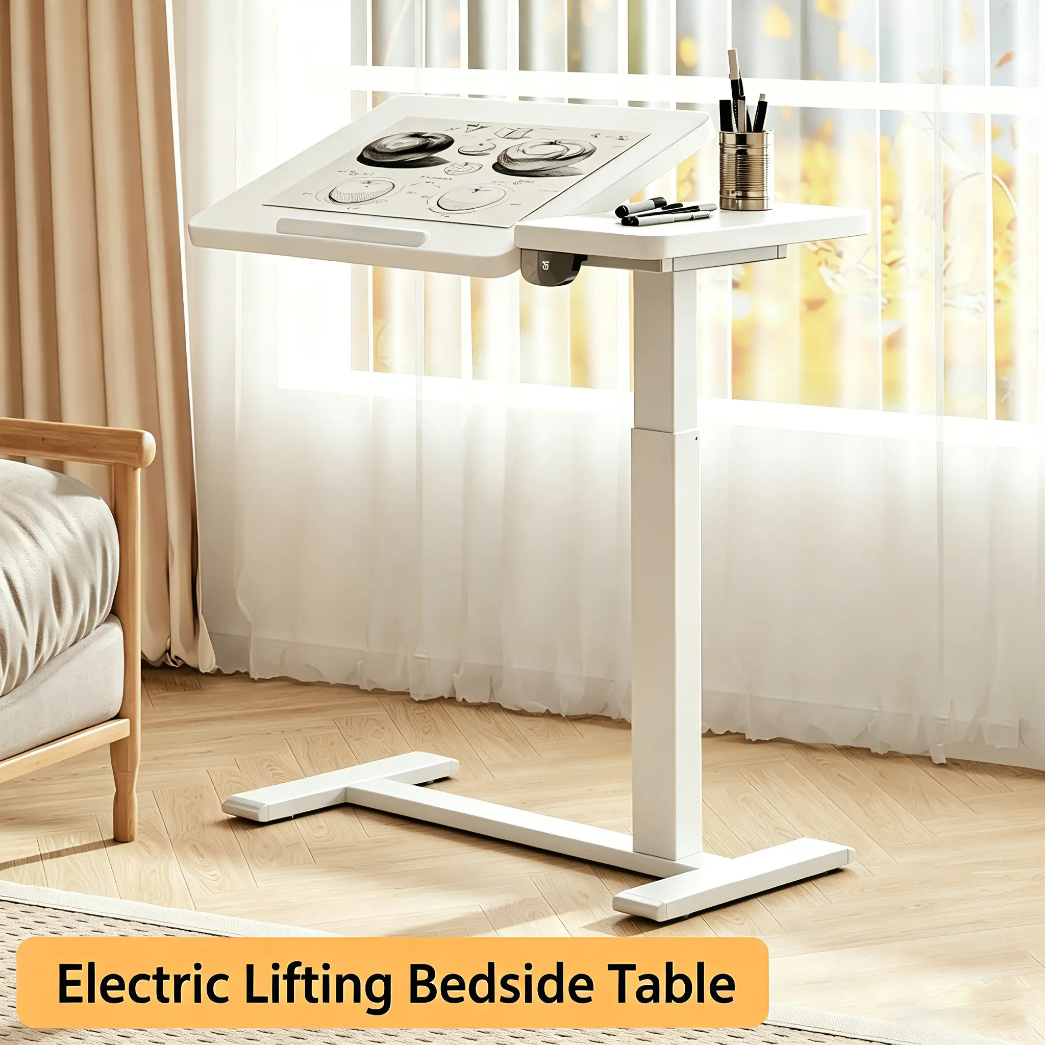 Electric Height-Adjustable Bedside Table with Tilting Drawing Surface – Mobile Rolling Sit-Stand Desk for Laptops, Reading, Writing, and Working in the Bedroom