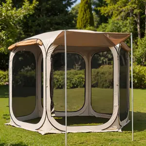12×12 FT Pop Up Canopy Tent with Mesh | Outdoor Screen House with 6 Sunshades | Instant Canopy with Portable Carry Bag | Gazebo Tent for Camping, Patio, and Beach | Beige