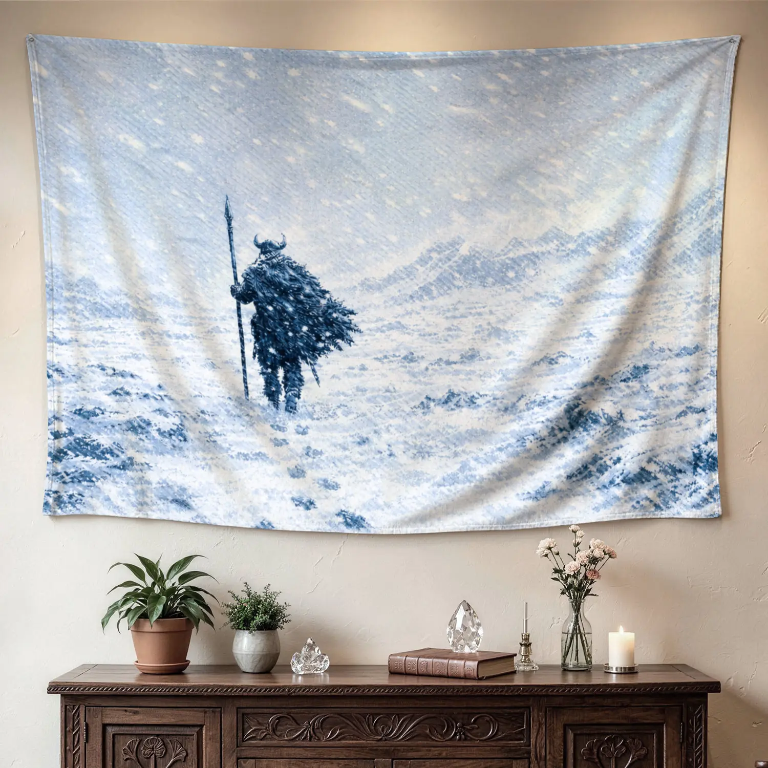Snowy Nordic Viking Warrior Landscape Polyester Wall Tapestry - Multi-Size High-Def Print Colorfast Horizontal Artwork, No-Installation Home Decor, Gift Idea for Living Room, Indoor/Outdoor Use