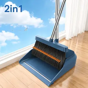 30'' Broom and Dustpan Set for Home with Scraping Teeth and Scraper, 180° Rotatable Long Handle Broom with Stand Up Dustpan Combo Set for Office Home Kitchen Lobby Floor, House Warming Gifts (Blue)
