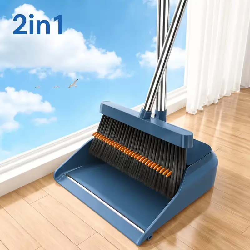 30-in Push Sweeper Brooms & Dustpan Set with Adjustable 14.2-48.8 in 180° Rotatable Long Handle, Cleaner with Scraping Teeth & Scraper, Stand-Up Combo for Home Kitchen, Housewarming Gifts (Blue)