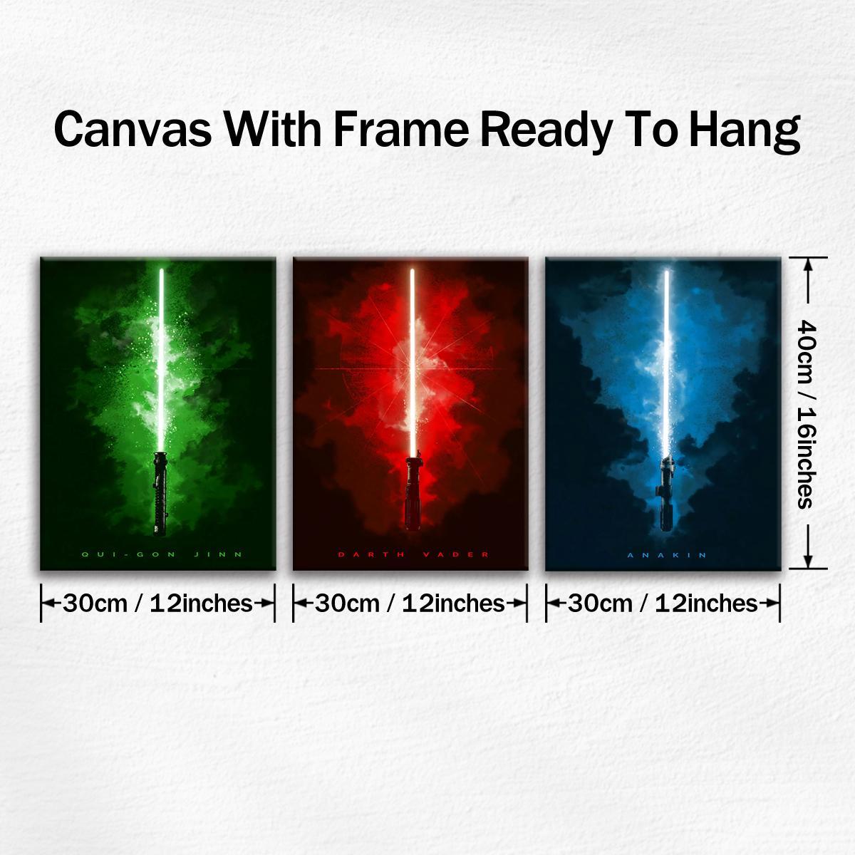 Wooden Framed Canvas Painting, 3 Counts/set Lightsaber Pattern Wall Art, Unique Artwork, Modern Wall Decor for Home Living Room Bedroom Office Illustrations, Decoration