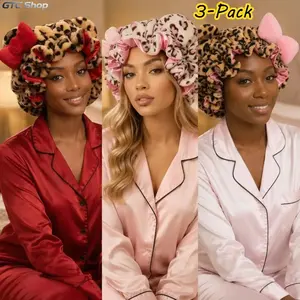 2/3-Pack Leopard Print Satin-Lined Sleep Bonnets for Women with Storage Pouch, Adjustable Plush Teddy Bear Hair Caps, Soft Nighttime Hair Protection Bonnet for Curly Hair, Sleeping, Hair Care, Home Relaxing & Daily Beauty Routine