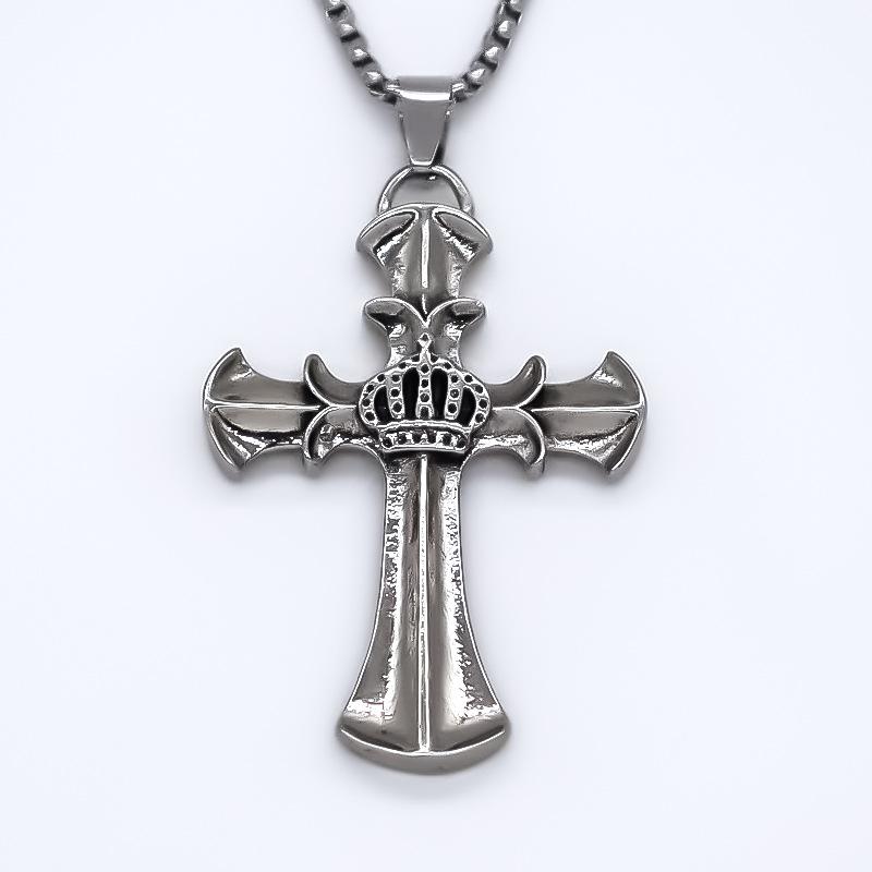 Stainless Steel Necklace, Stylish Light Luxury Cross & Crown Pendant, Versatile Necklace for Men and Women