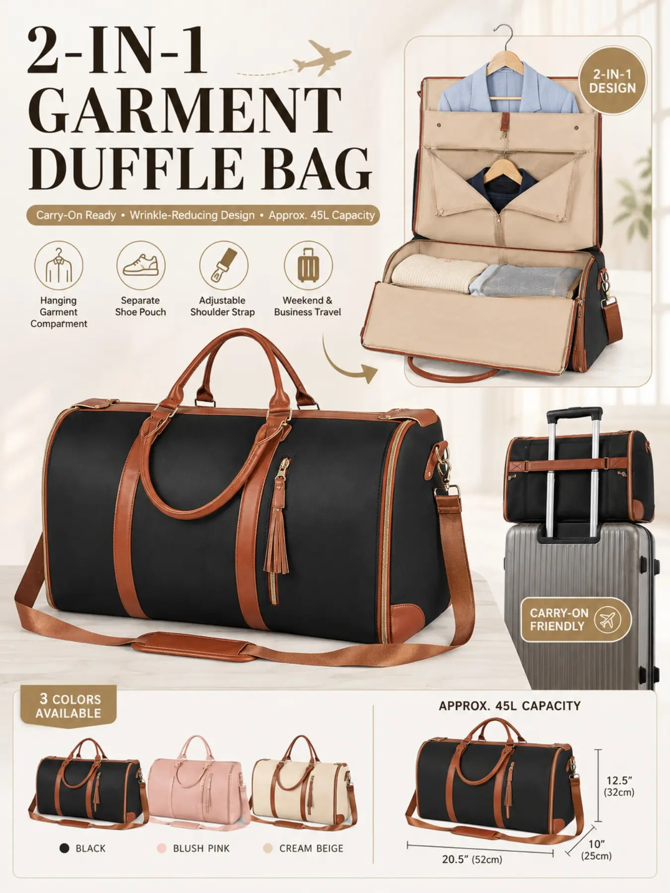 2 in 1 Garment Duffle Bag for Travel, Black PU Leather Convertible Carry On Suit Bag with Hanging Garment Compartment, Shoe Pouch & Shoulder Strap, Large Capacity Weekender Overnight Luggage for Men Women, Business Trip, Wedding, Gym & Weekend Getaway