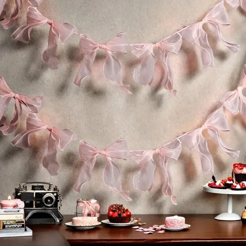 12pcs Bowknot Sweet Yarn Garland, Princess Girls Room Wall Hanging Banner, Kids Birthday Baby Shower Wedding Party Decor, Decoration Banners