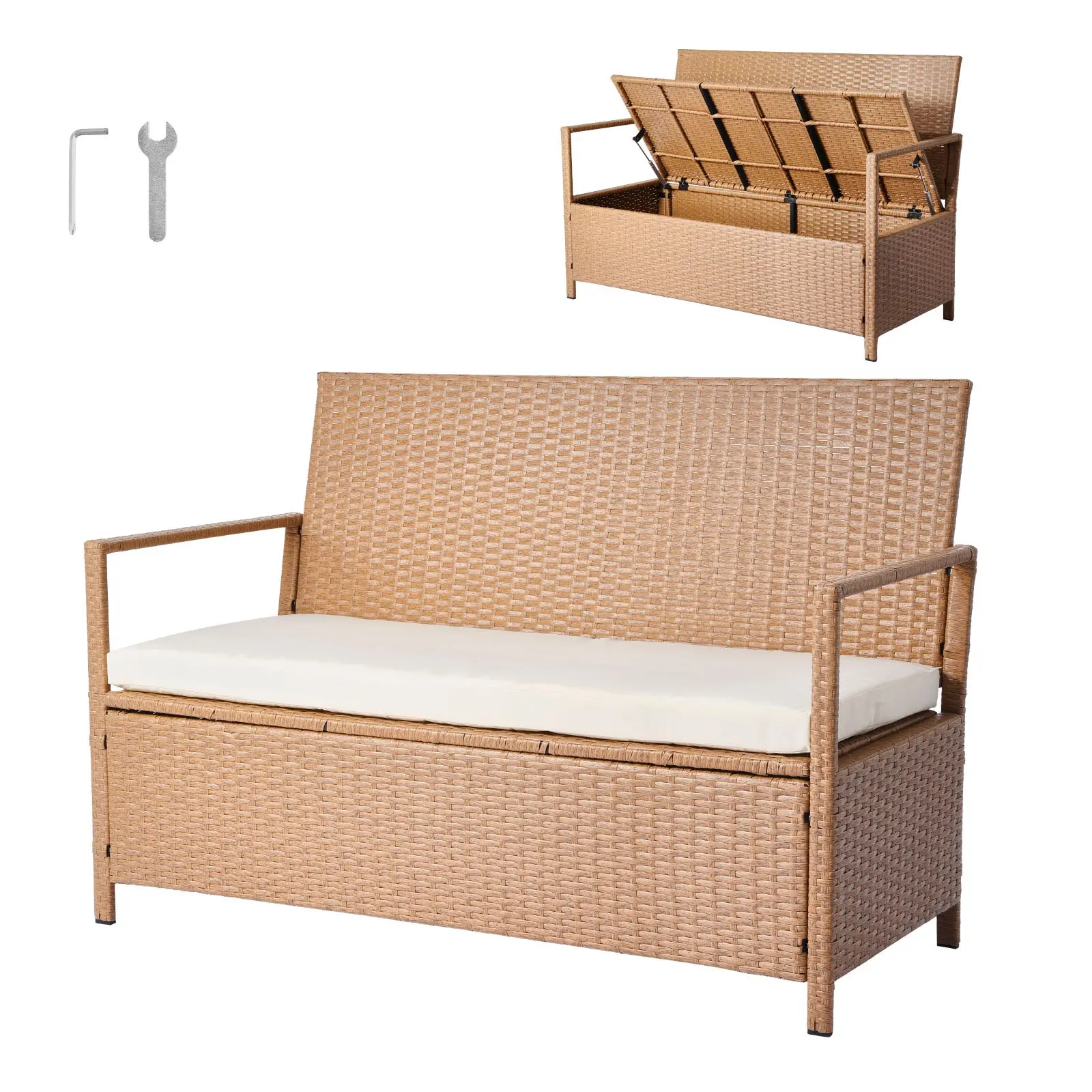 VEVOR dl-rsb06 2-Person PE Rattan Outdoor Storage Bench with Alloy Frame, 70 gal Weatherproof Deck Box, Padded Cushion Set, 18x44.4x10.2 in, 47.6x23.2x32.1 in, 31.6 lbs, 265 lbs Capacity, Easy Installation, Patio Seating for Garden Balcony