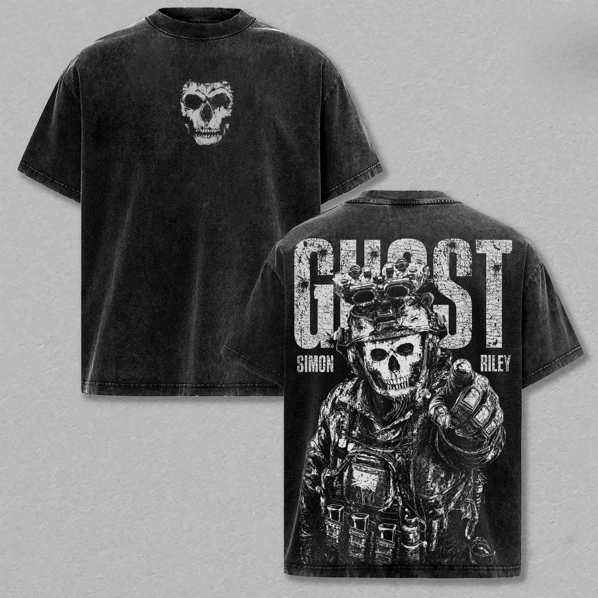 Retro COD Ghost Simon Riley Distressed Skull Mask Emblem Left Chest Print, Crackle Bullet Hole "GHOST" Large Font Tactical Ghost Pointing Pistol Full Portrait Back Graphic Dual-Sided Vintage Washed Black T-Shirt, Unisex Oversized Heavyweight Cotton Street