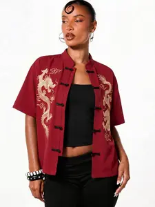 Chinese Style Dragon Embroidered Short Sleeve Shirt, Mandarin Collar Frog Button Crop Jacket, Y2K Oriental Aesthetic, Vintage Traditional Streetwear Blouse, Loose Fit Open Front Women Top, Viral Trendy Festival Outfit