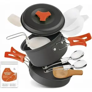 12 PCS Lightweight Camping Cookware Set – Non-Stick Pots, Pans & Utensils for Backpacking, Hiking – Compact Mess Kit for 1-2 People, Gift with Emergency Blanket